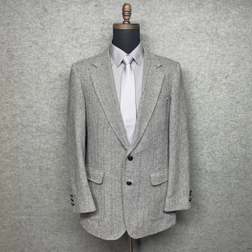 Vintage Rogers Aristocrat 42L Gray Herringbone Tweed Sport Coat Blazer 2 Btn